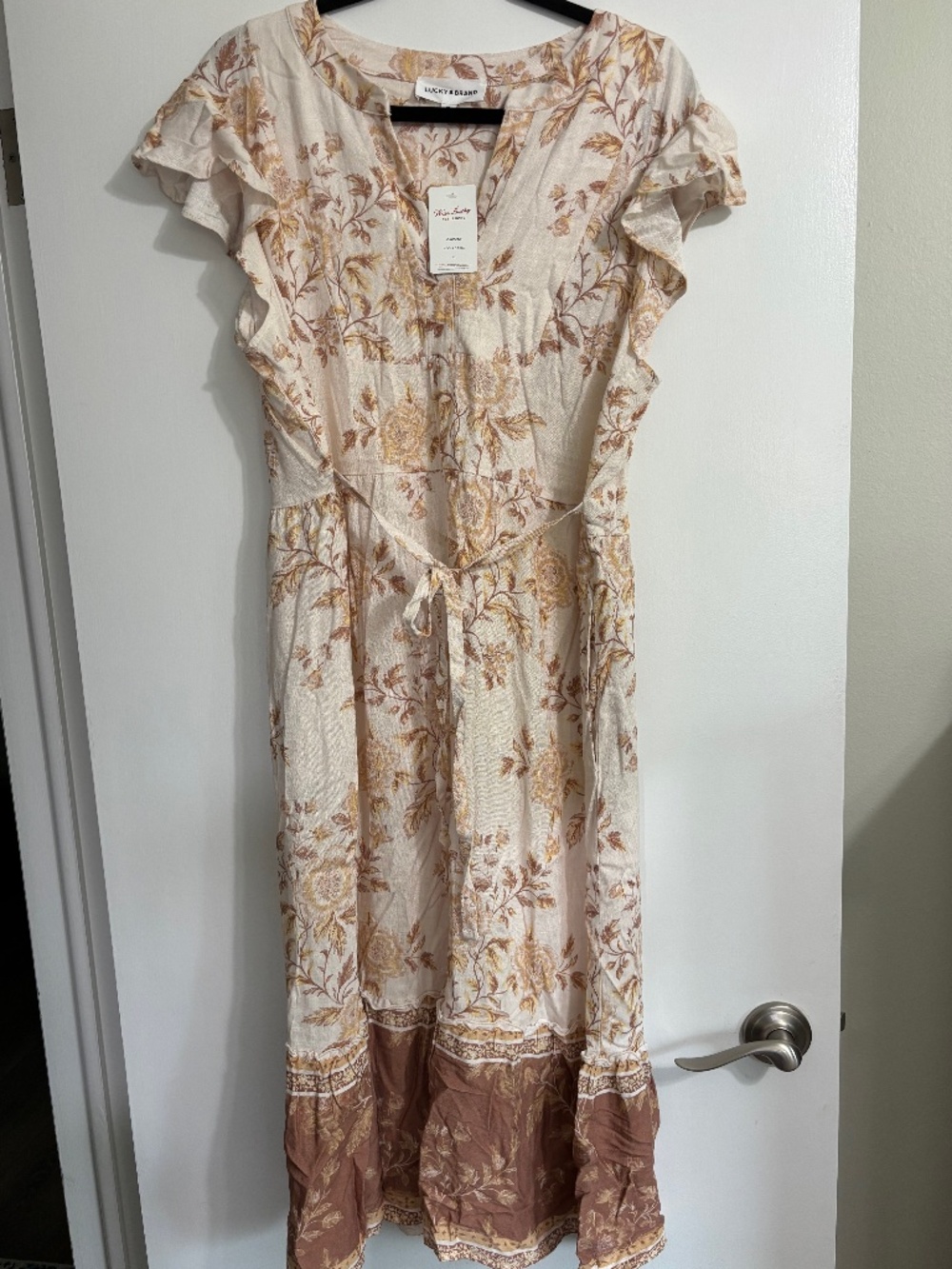 LUCKY Cotton mocha floral V-neck sundress Pockets, tie front, flutter sleeve XL